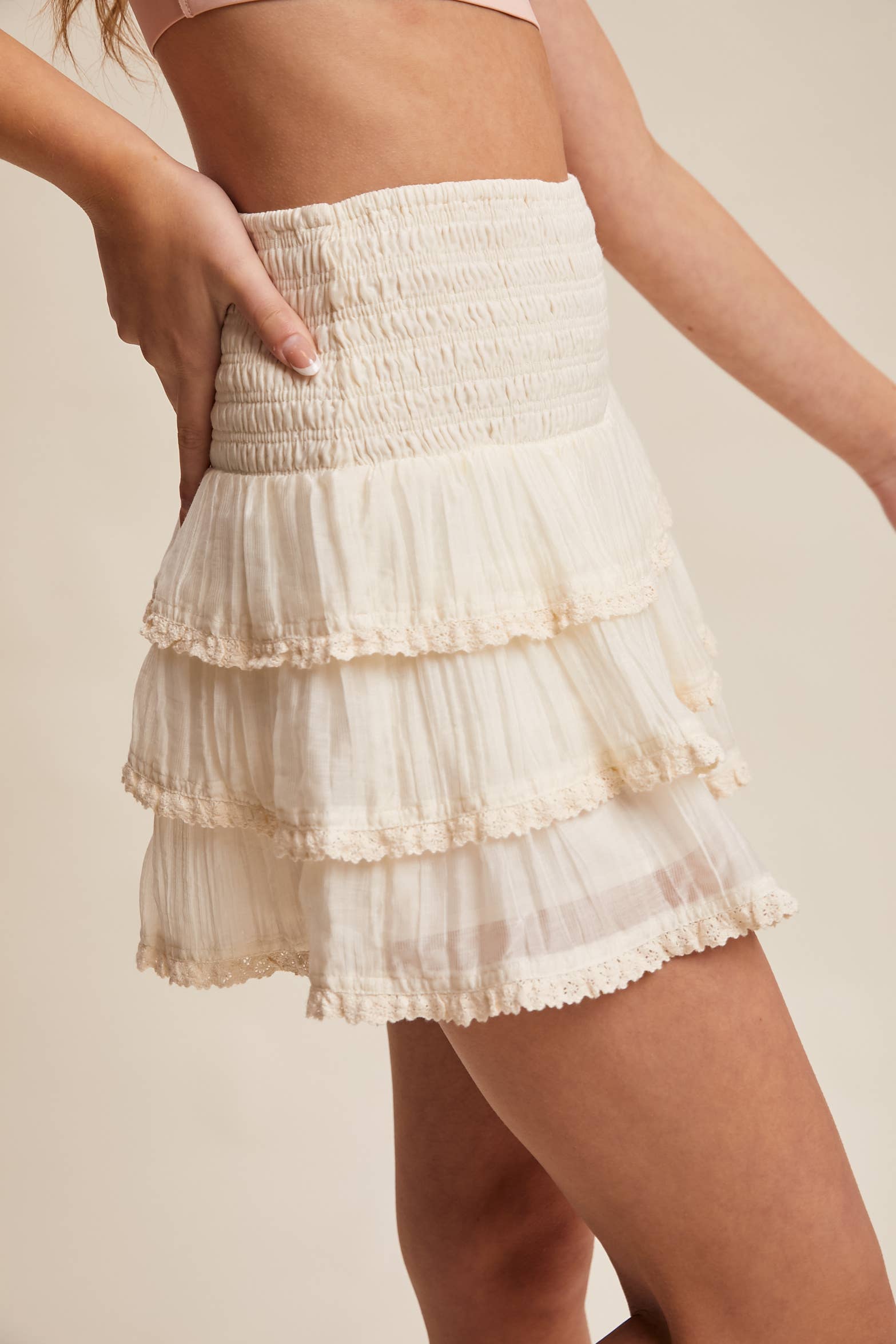 Jolene Tiered Ruffle Lace Trim Skort - Ivory - Wild Dandelion BoutiqueSkortJolene Tiered Ruffle Lace Trim Skort - IvoryWild Dandelion Boutique