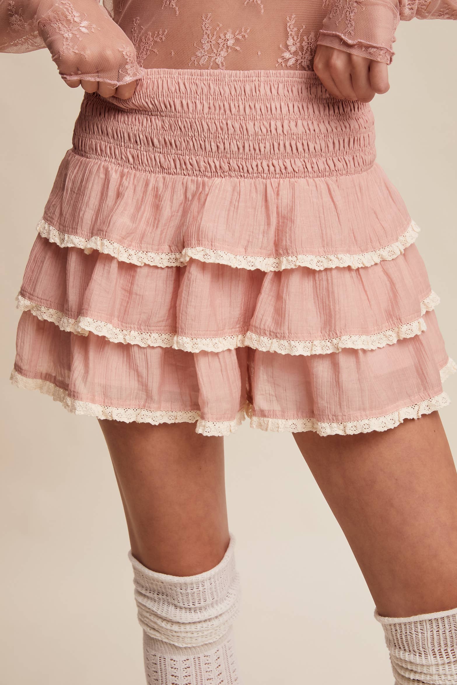 Jolene Tiered Ruffle Lace Trim Skort - Blush - Wild Dandelion BoutiqueBottomsJolene Tiered Ruffle Lace Trim Skort - BlushWild Dandelion Boutique