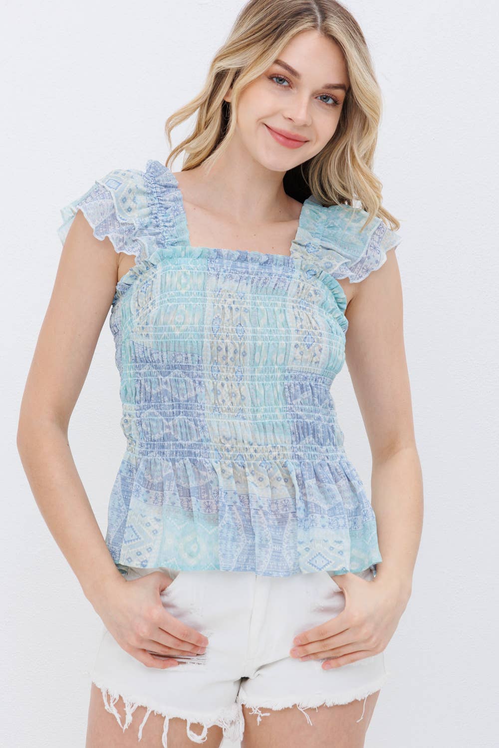 Raelynn Chiffon Patchwork Ruffle Smocked Peplum Top - Wild Dandelion BoutiqueTopsRaelynn Chiffon Patchwork Ruffle Smocked Peplum TopWild Dandelion Boutique