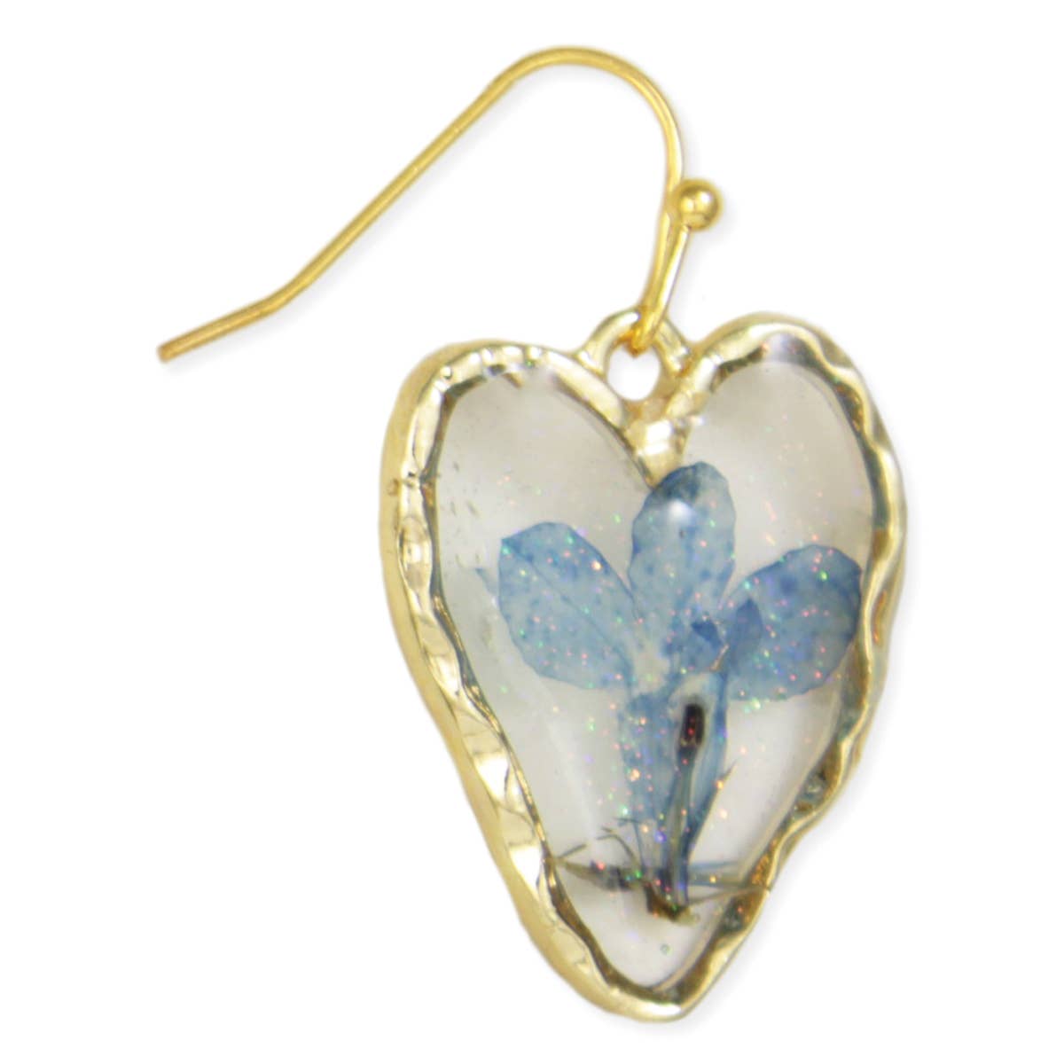 Textured Gold Heart Blue Dried Flower Earrings - Wild Dandelion BoutiqueJewelryTextured Gold Heart Blue Dried Flower EarringsWild Dandelion Boutique