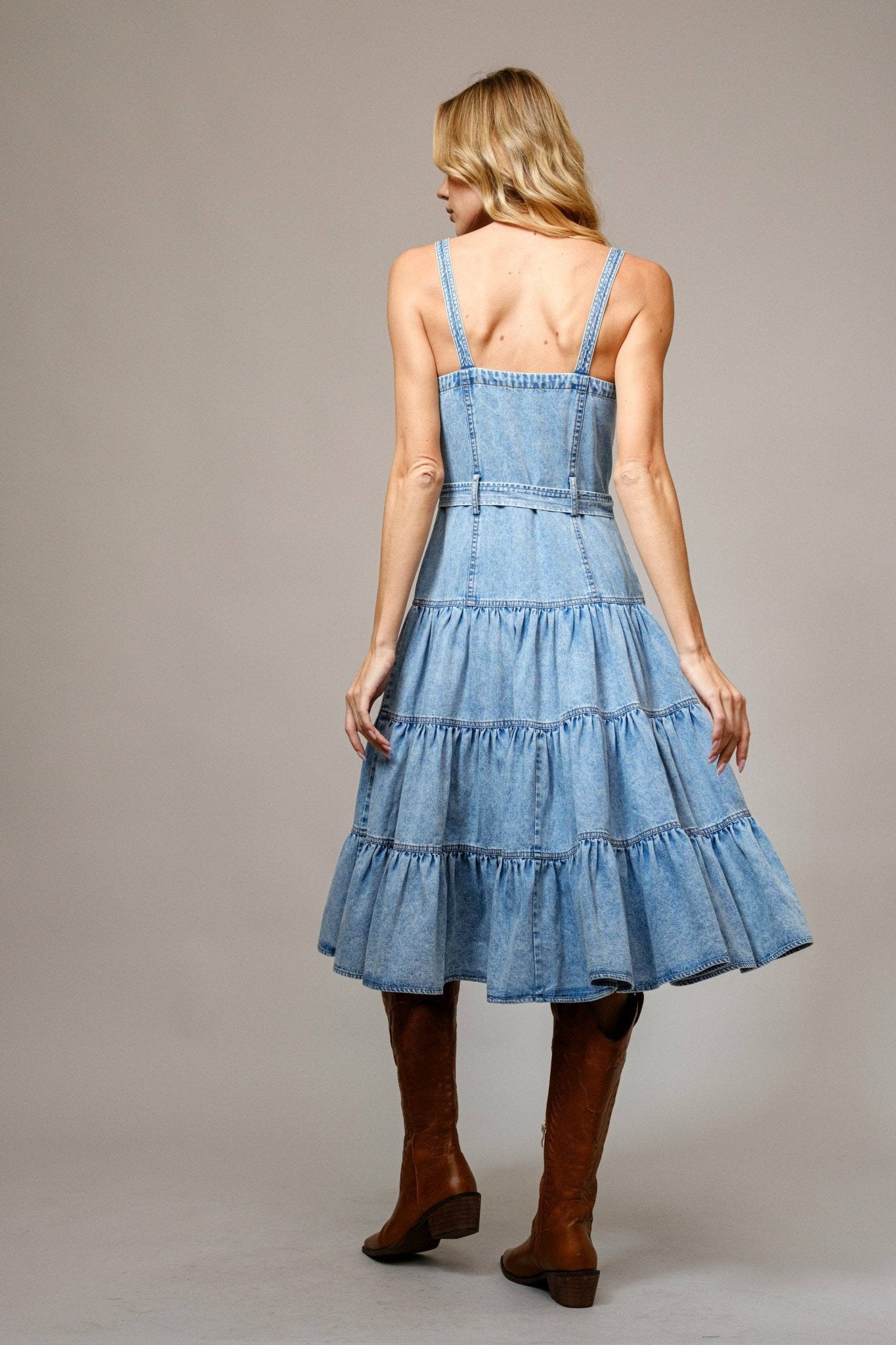 Carly Denim Tiered Midi Dress - Wild Dandelion BoutiqueCarly Denim Tiered Midi DressWild Dandelion Boutique