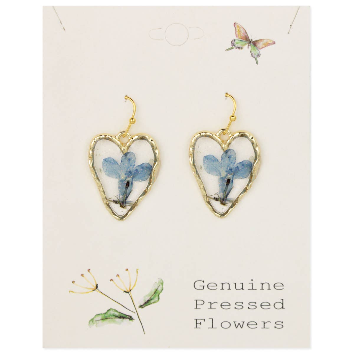 Textured Gold Heart Blue Dried Flower Earrings - Wild Dandelion BoutiqueJewelryTextured Gold Heart Blue Dried Flower EarringsWild Dandelion Boutique