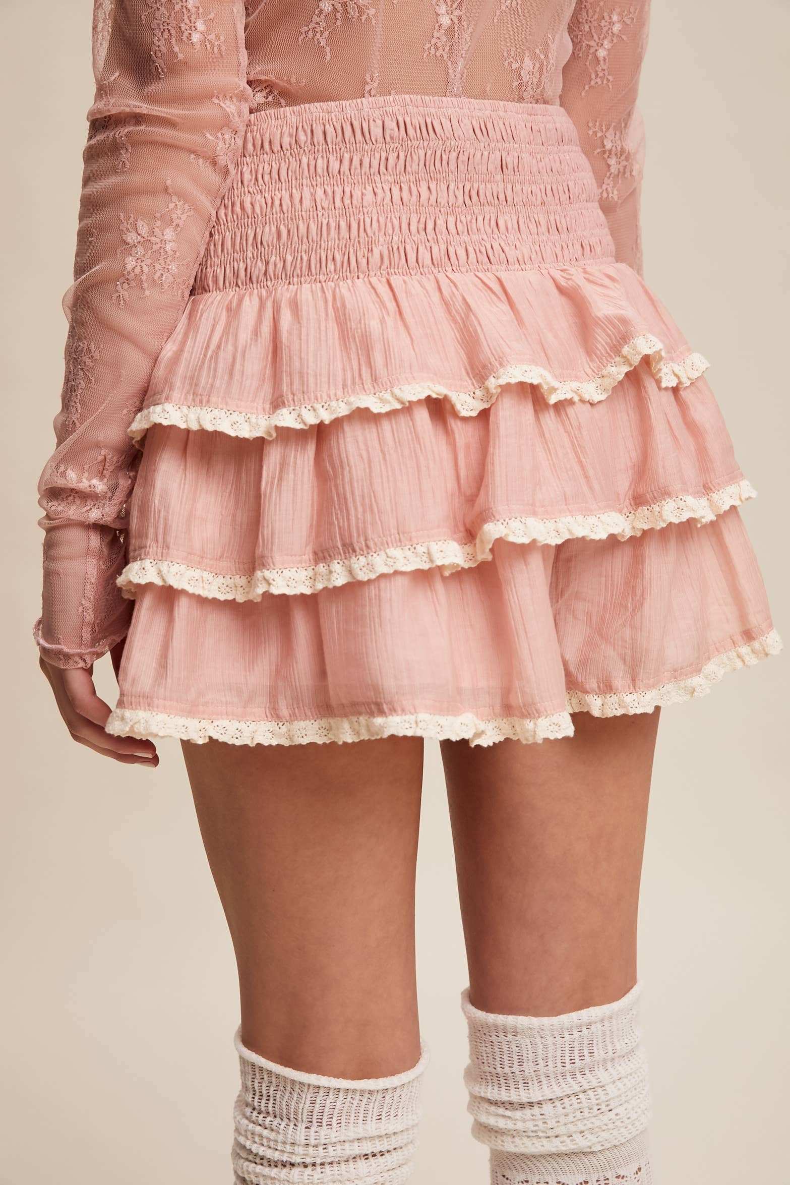 Jolene Tiered Ruffle Lace Trim Skort - Blush - Wild Dandelion BoutiqueBottomsJolene Tiered Ruffle Lace Trim Skort - BlushWild Dandelion Boutique