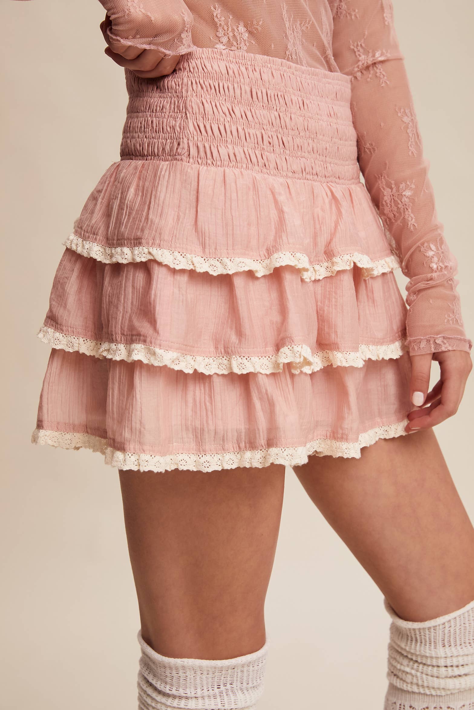 Jolene Tiered Ruffle Lace Trim Skort - Blush - Wild Dandelion BoutiqueBottomsJolene Tiered Ruffle Lace Trim Skort - BlushWild Dandelion Boutique